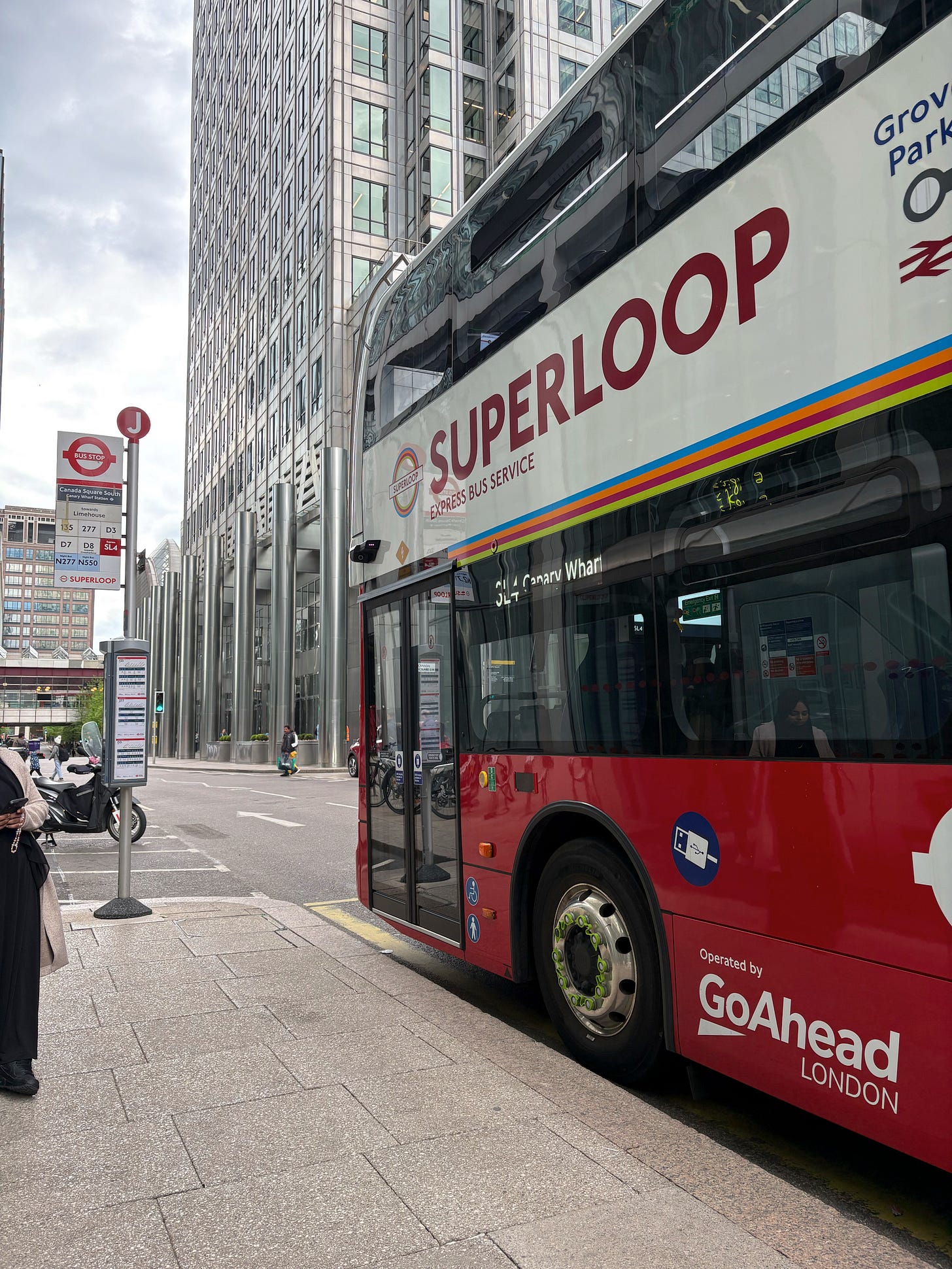 Superloop double decker bus in Canary Wharf