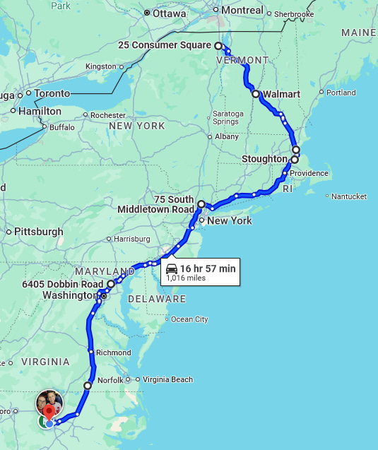 Map showing route from Plattsburgh, NY to Raleigh, NC by way of Boston, MA. Drive time 16h 57m. 1016 miles