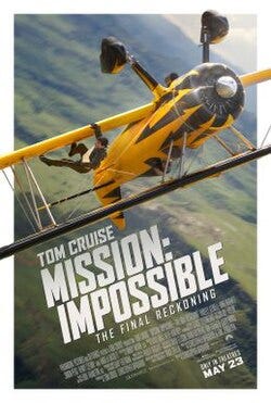 Poster depicting Ethan Hunt in a biplane as it’s flying upside down.