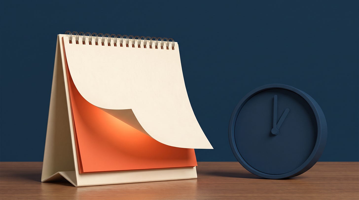A desk calendar flipping to tomorrow beside a clock at one A desk calendar flipping to tomorrow beside a clock at one