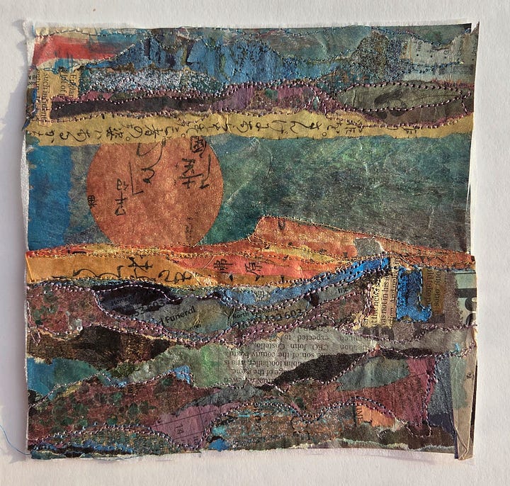 layered papers and painted Bondaweb