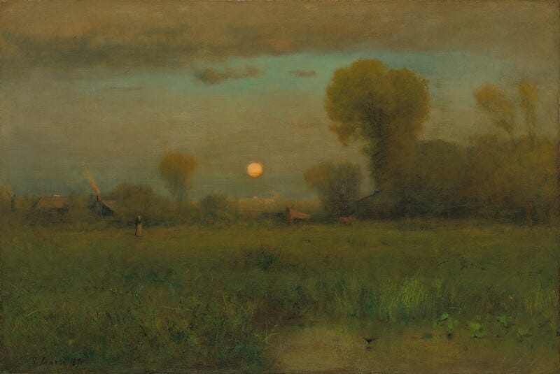 The painting displays a dark green field stretching into the distance. A line of trees and small, indistinct structures can be seen near the center of the painting. One of the structures on the left shows a plume of smoke coming from a small chimney. In front of this structure is an indistinct person who appears to be wearing a dress. The color palette features earthy tones, with deep greens in the field and trees transitioning to softer browns and blues in the distance. The sky is light blue, but is partially obscured by grey and beige clouds. At the center is a yellow full moon, only slightly above the horizon and glowing warmly.
