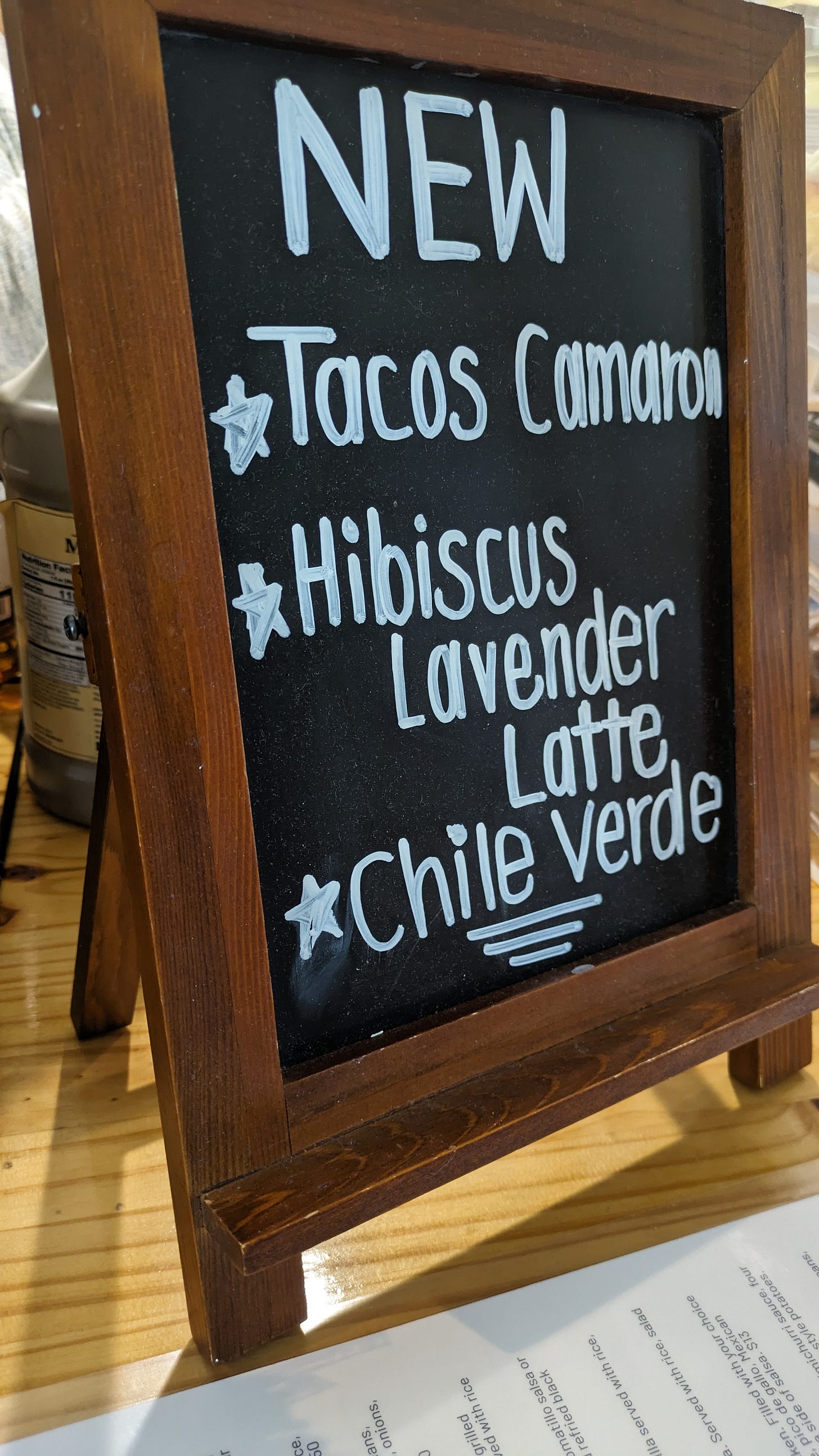 Specials from Cafe con Leche include Tacos Camaron, hibiscus lavender latte, and chile verde