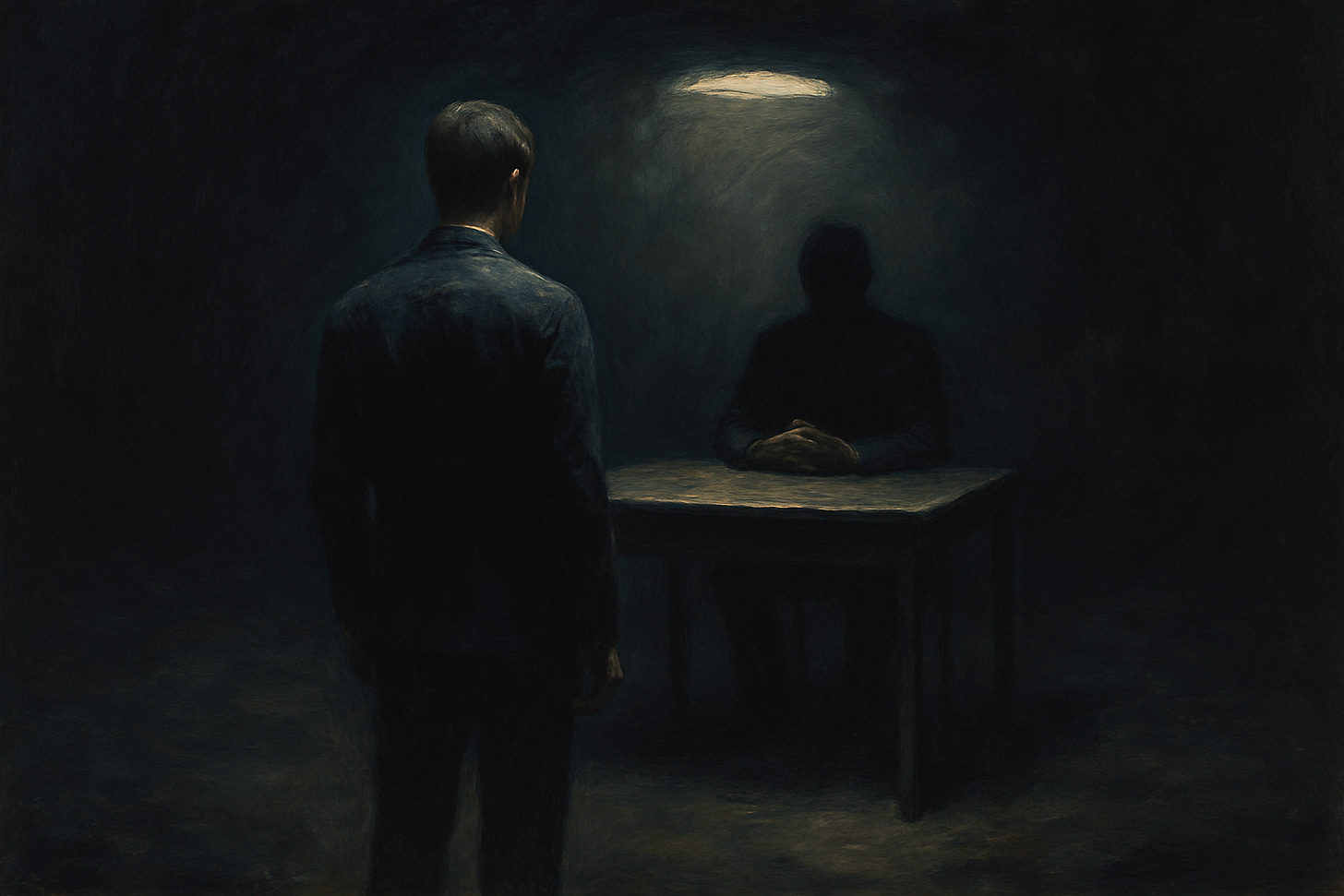 A surreal oil painting of a man standing in a dark, seemingly endless room with no visible walls. A single overhead light illuminates an interrogation-style table where a faceless figure sits with hands clasped in shadow. The man faces the figure from a few steps away, surrounded by deep, hazy darkness that makes the space feel void-like and oppressive.