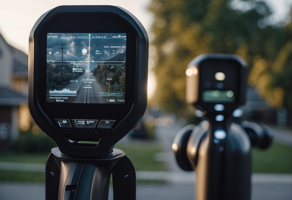 AI tracking technologies loom ominously over a peaceful neighborhood, their electronic eyes scanning and monitoring every movement, posing a threat to privacy