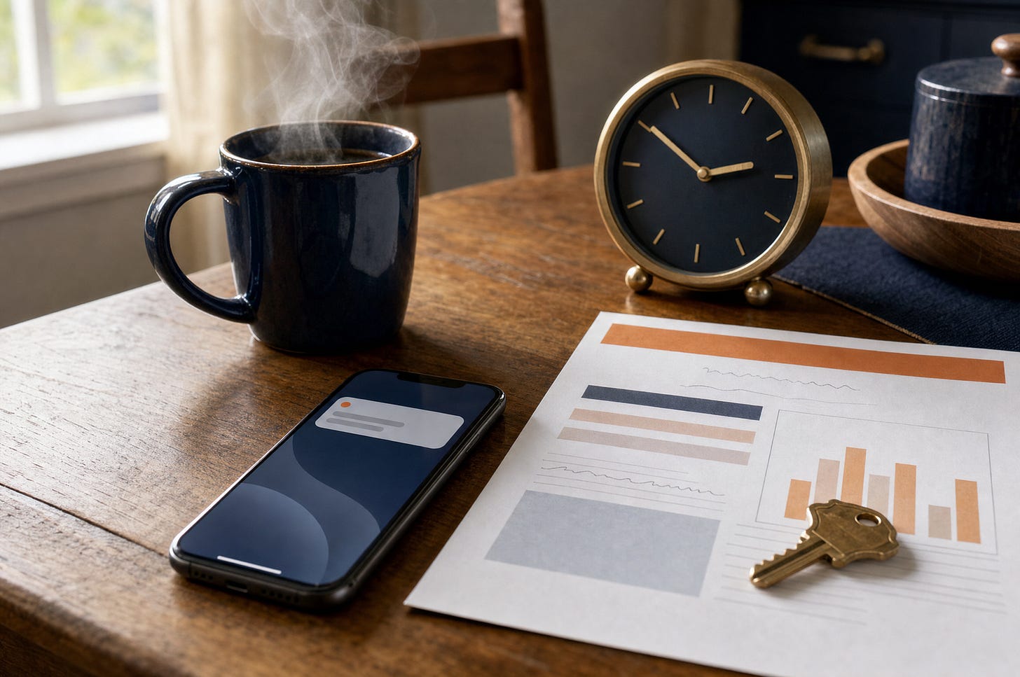 Morning on the same kitchen table: a steaming navy coffee mug, a brass desk clock, a phone showing one new notification, and a printed personal plan page with an orange header, with a house key resting on it. Morning on the same kitchen table: a steaming navy coffee mug, a brass desk clock, a phone showing one new notification, and a printed personal plan page with an orange header, with a house key resting on it.