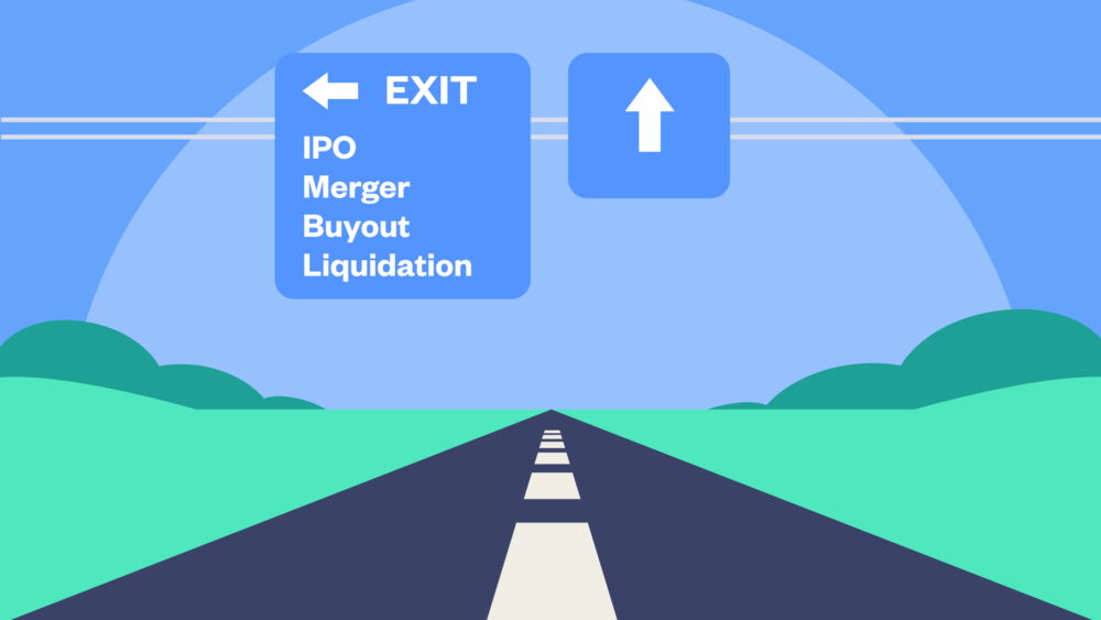 Illustration of a road leading toward an exit sign listing IPO merger buyout and liquidation representing the different outcomes a startup exit can take for founders and investors Illustration of a road leading toward an exit sign listing IPO merger buyout and liquidation representing the different outcomes a startup exit can take for founders and investors