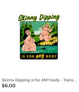 Six product images from the Planet Nude Etsy store: a doormat that reads “Live Naked Die Happy,” a mint green t-shirt with a stylized chest and the words “Nipples are Normal,” a sticker showing two nude figures by a lake with the text “Skinny Dipping Is for ANY Body,” a gray dad hat with a pink-and-purple Planet Nude logo patch, the book Nakedness with a sunburst orange cover, and a set of two purple pickleball paddles that say “Play Naked,” shown with yellow balls.