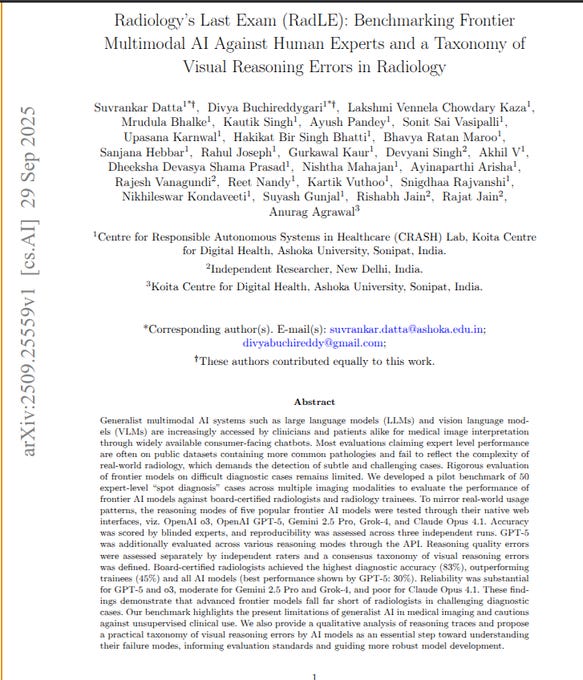 A document titled "Radiology\'s Last Exam (RadLE): Benchmarking Frontier Multimodal AI Against Human Experts and a Taxonomy of Visual Reasoning Errors in Radiology." The text includes the paper title, authors\' names like Rohan Paul, Dhruva Ghose, and Kartik Thakoor, and details about a study on AI performance in radiology. ArXiv watermark and URL https://arxiv.org/abs/2509.25559 are visible.