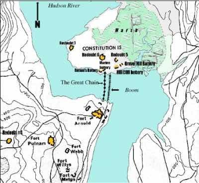 Map of West Point fortifications at the S-bend of the River Hudson during the Revolutionary War from 1775-1783.