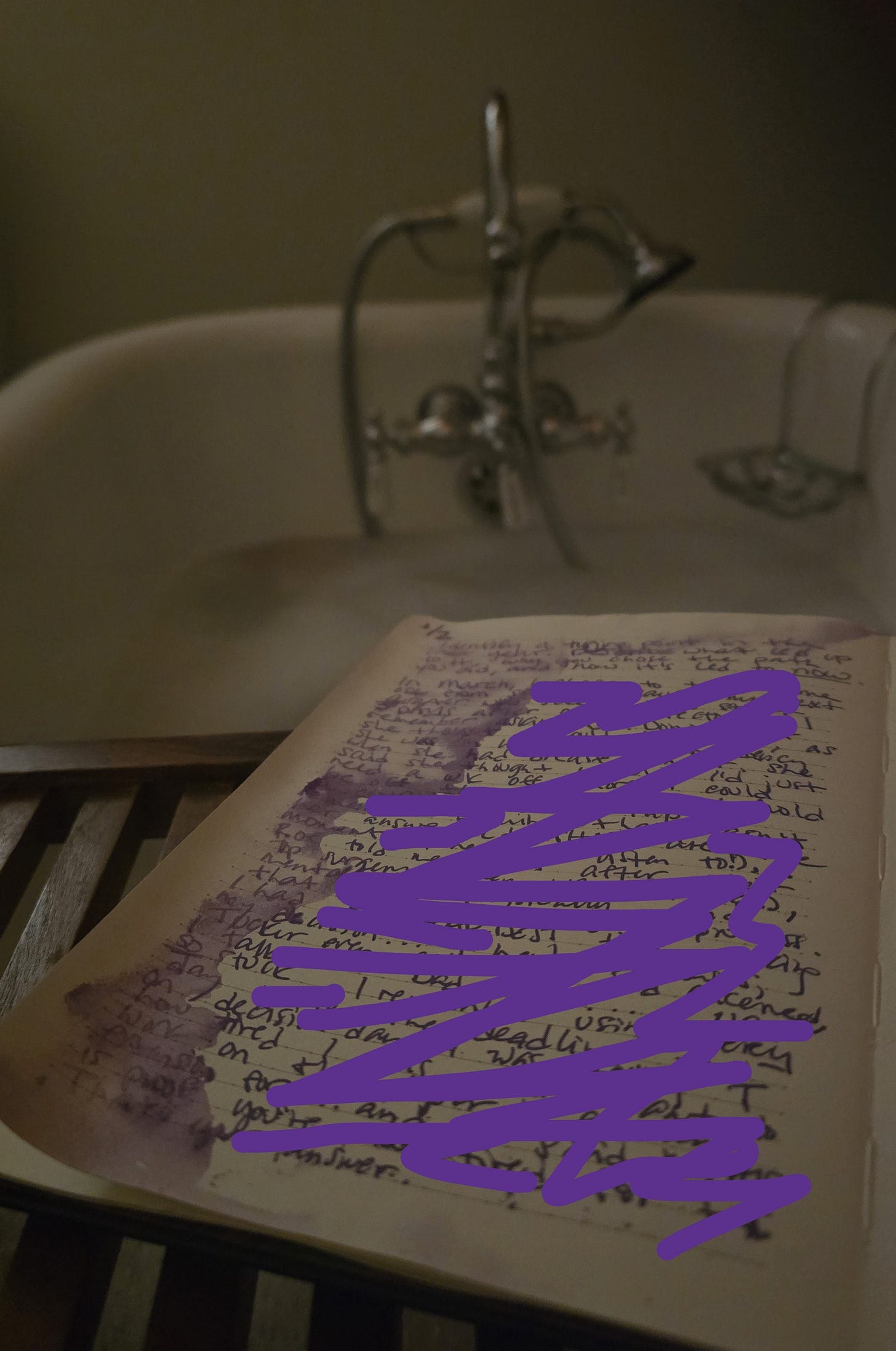 Cassidy's journal sitting on a shelf above the bathtub, with the pages clearly soaked in bubble bath water. Cassidy's journal sitting on a shelf above the bathtub, with the pages clearly soaked in bubble bath water.