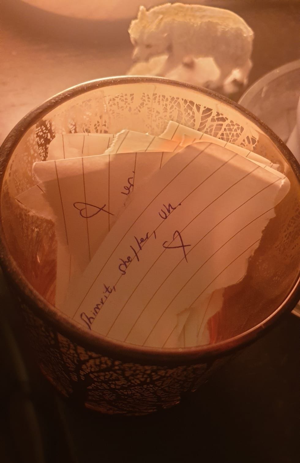 A close-up photo of a small glass container, a little smaller than a glass, holding 8 pieces of lined paper ripped from notebook. You can see what's written on one of them, which reads 'Shimrit, she/her, UK' with a handdrawn heart. A close-up photo of a small glass container, a little smaller than a glass, holding 8 pieces of lined paper ripped from notebook. You can see what's written on one of them, which reads 'Shimrit, she/her, UK' with a handdrawn heart.