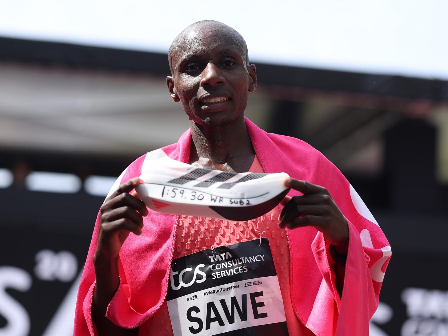 Sebastian Sawe after setting a new world record at the London Marathon.