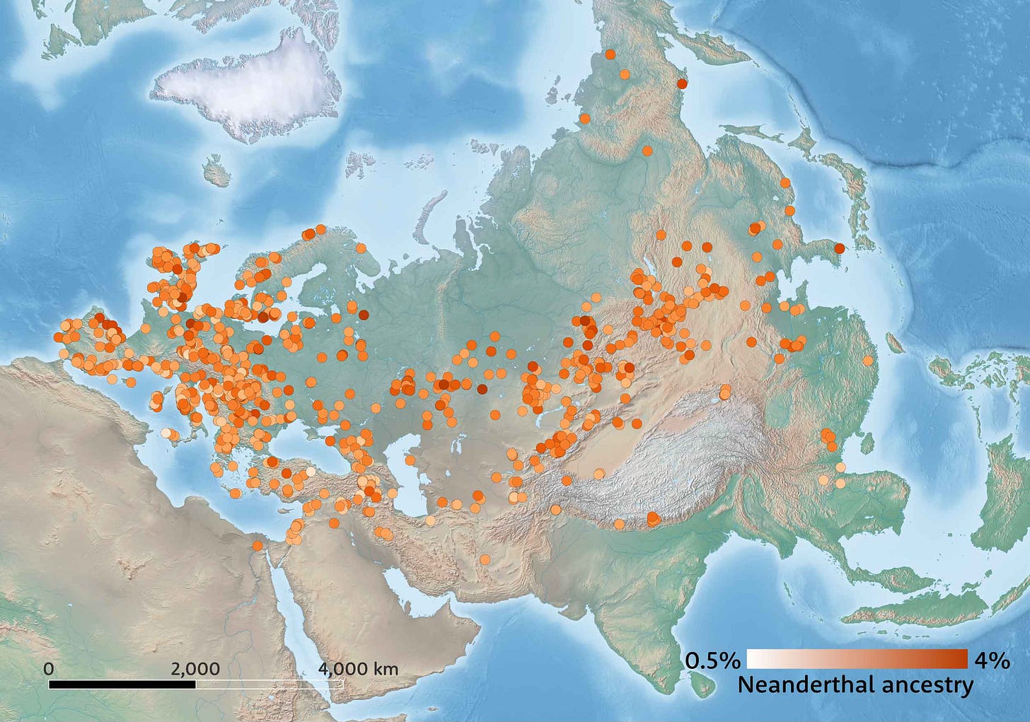 Map of Eurasia showing locations of ancient genome samples, each colored to show the proportion of Neanderthal ancestry between 0.5% and 4%. The values show a gradual increase toward East Asia