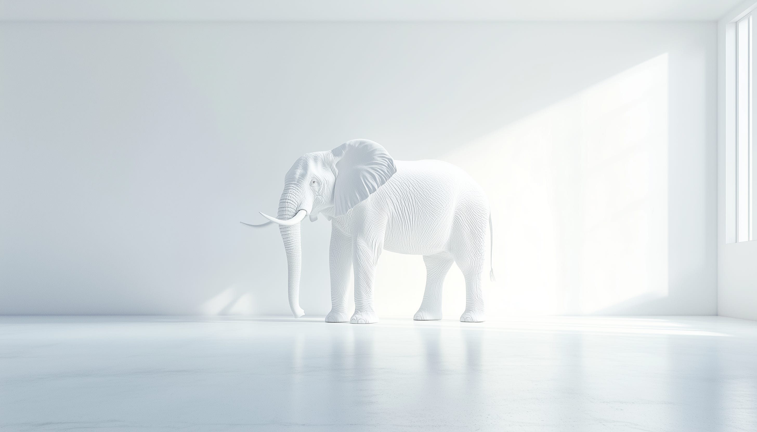 This image shows a large white elephant standing in the center of an empty, brightly lit, minimalist room with smooth, white walls and floors. Sunlight streams through a window on the right side, casting soft shadows across the floor. The entire scene, including the elephant, is rendered in white, creating a monochromatic effect. This image was generated by AI with the prompt "a white room with no elephant inside." Despite the intent for there to be no elephant in the room, its presence contrasts with the concept of an "empty" space, illustrating how image generation models sometimes interpret prompts literally, even when the goal is exclusion.