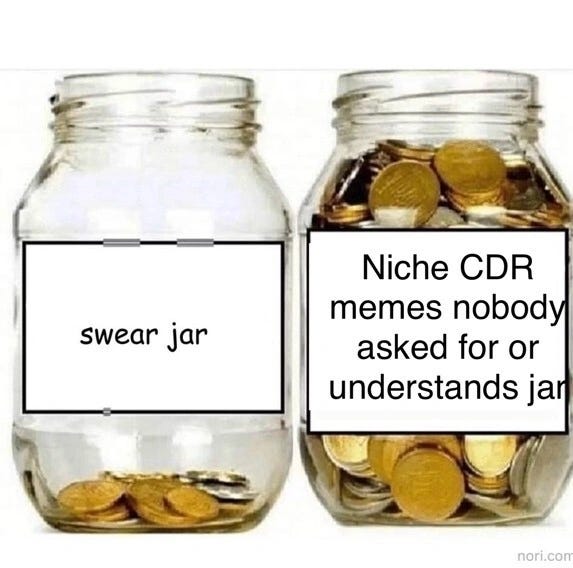 Two glass jars of coins. The one labelled "swear jar" holds a few coins at the bottom. The one labelled "Niche CDR memes nobody asked for or understands jar" is nearly full.