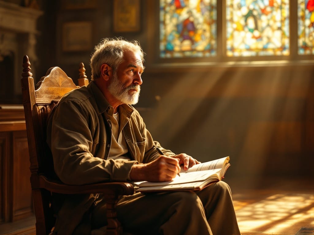 A man is at church taking inventory of his core values and beliefs. A man is at church taking inventory of his core values and beliefs.