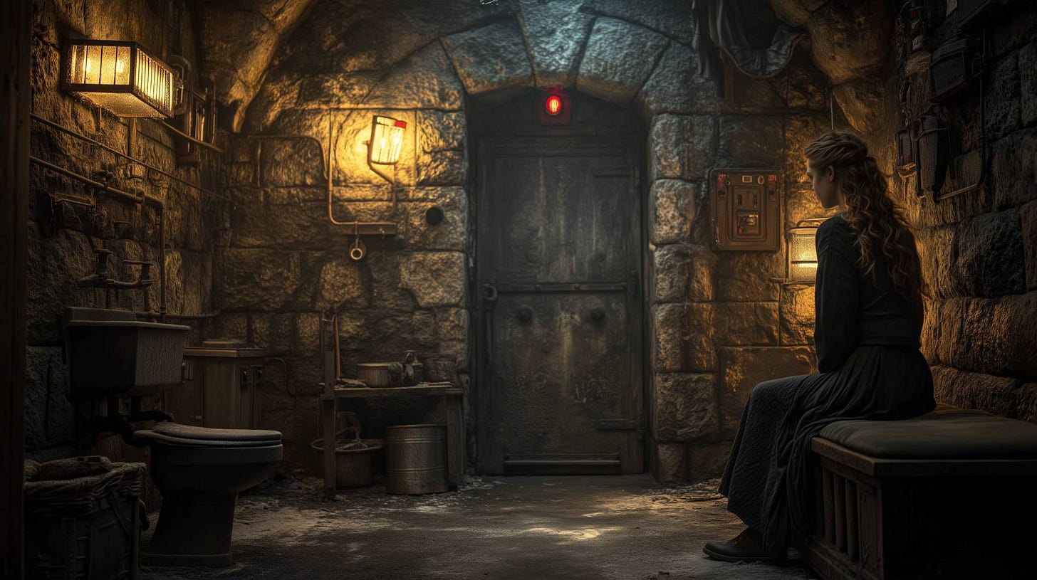 A young woman sits alone on a narrow bench inside a dim, stone-walled prison cell. Warm, low lights illuminate the rough masonry, rusted pipes, and a heavy iron door with a red indicator light above it. The space contains a metal toilet, sink, and scattered tools, creating a bleak, oppressive atmosphere.