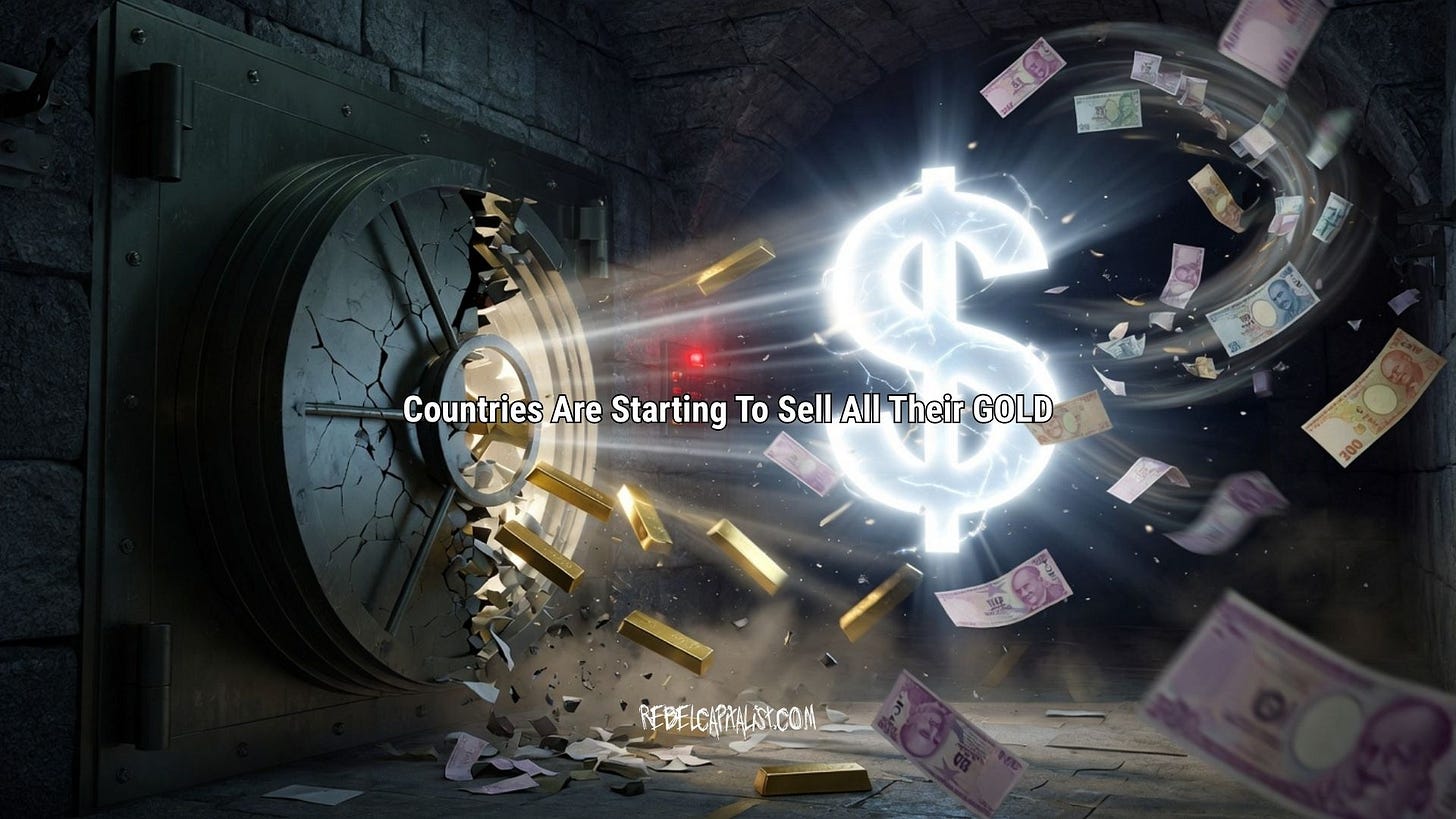 Bank vault exploding with gold bars and currency swirling in bright energy vortex