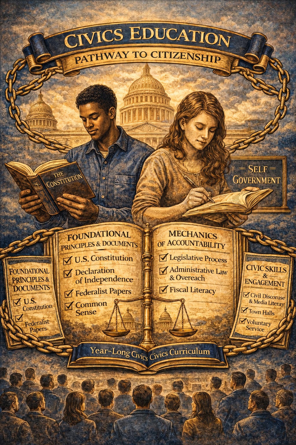 Navy and gold-toned illustration of two young adults studying foundational American documents beneath a banner reading "Civics Education: Pathway to Citizenship," surrounded by panels outlining principles, accountability, and civic engagement, with a diverse crowd below symbolizing informed participation in self-government
