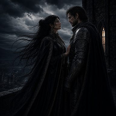 Clarion tall and statuesque with raven hair catching pale light, standing on the parapet of Van Richten’s Tower; wind coils around her robes like whispered prayers; Fleetwood, brooding knight of the Silver Dragon, stands beside her equal in height, short beard and weathered features, armor dulled by battle and moonlight; storm‑dark sky, quiet intimate conversation, faith and doubt entwined, cinematic moody lighting