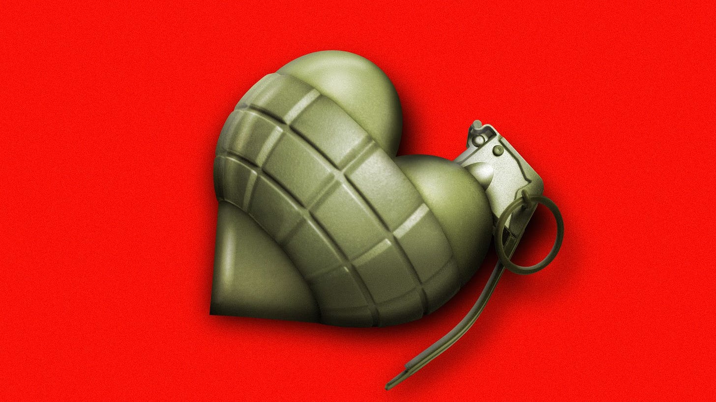 Illustration of a hand grenade in the shape of a heart