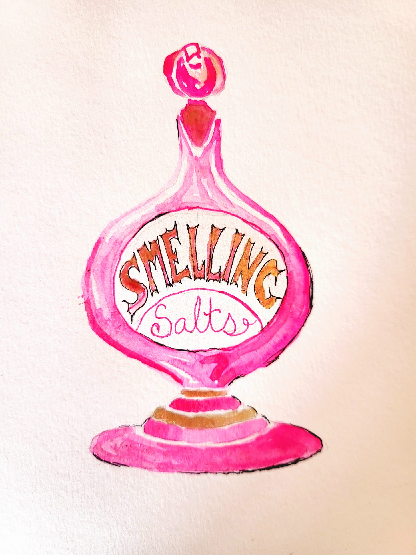 Watercolor of a fancy pink Victorian perfume bottle labeled "Smelling Salts."