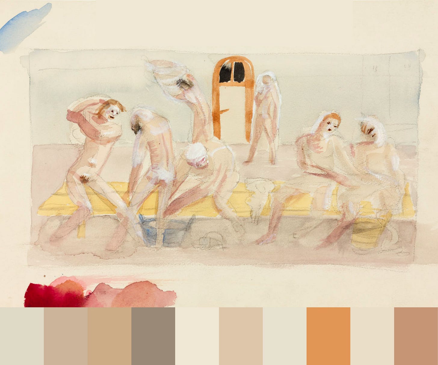Karin Luts' "Kompositsioonikavand 'Saun'," an artwork depicting several nude figures washing, sitting, and standing inside a spacious sauna room with benches and an arched doorway. Below the scene, a horizontal palette strip displays ten color swatches ranging from cream and taupe to earthy orange and brown.
