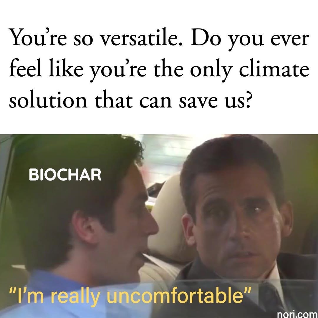 Text: "You're so versatile. Do you ever feel like you're the only climate solution that can save us?" Below, a car scene from The Office with a man labelled "Biochar" and Michael Scott, captioned "I'm really uncomfortable".