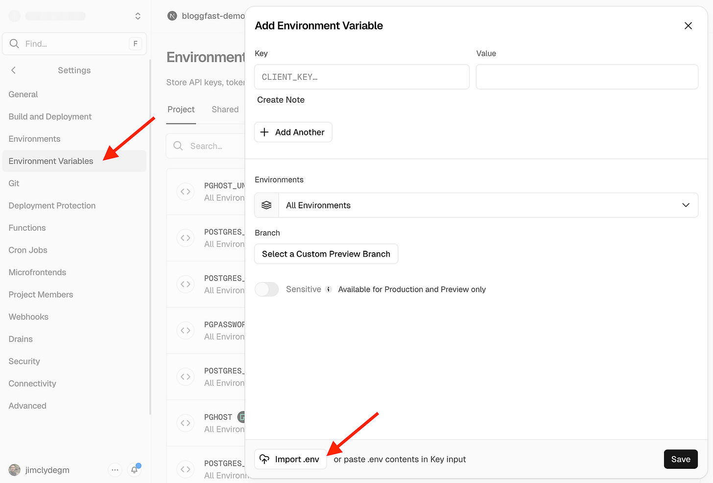 Syncing the env for BloggFast in Vercel. Image by Jim Clyde Monge