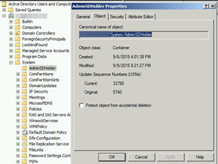Schema che mostra l’oggetto AdminSDHolder nel container System di Active Directory. Schema che mostra l’oggetto AdminSDHolder nel container System di Active Directory.