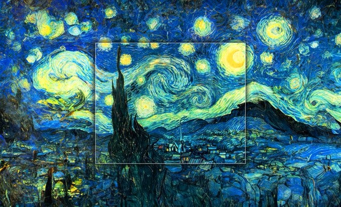 Expanded version of Van Gogh's Starry Night painting using Generative Fill, showing seamless continuation of the original style