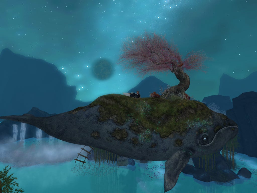 a man relaxing under a tree on a giant airborne moss-covered stone whale in Second Life - author's own image