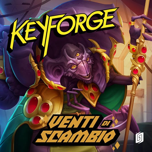 Winds of Exchange key art with an Ekwidon creature and "Venti di Scambio" written