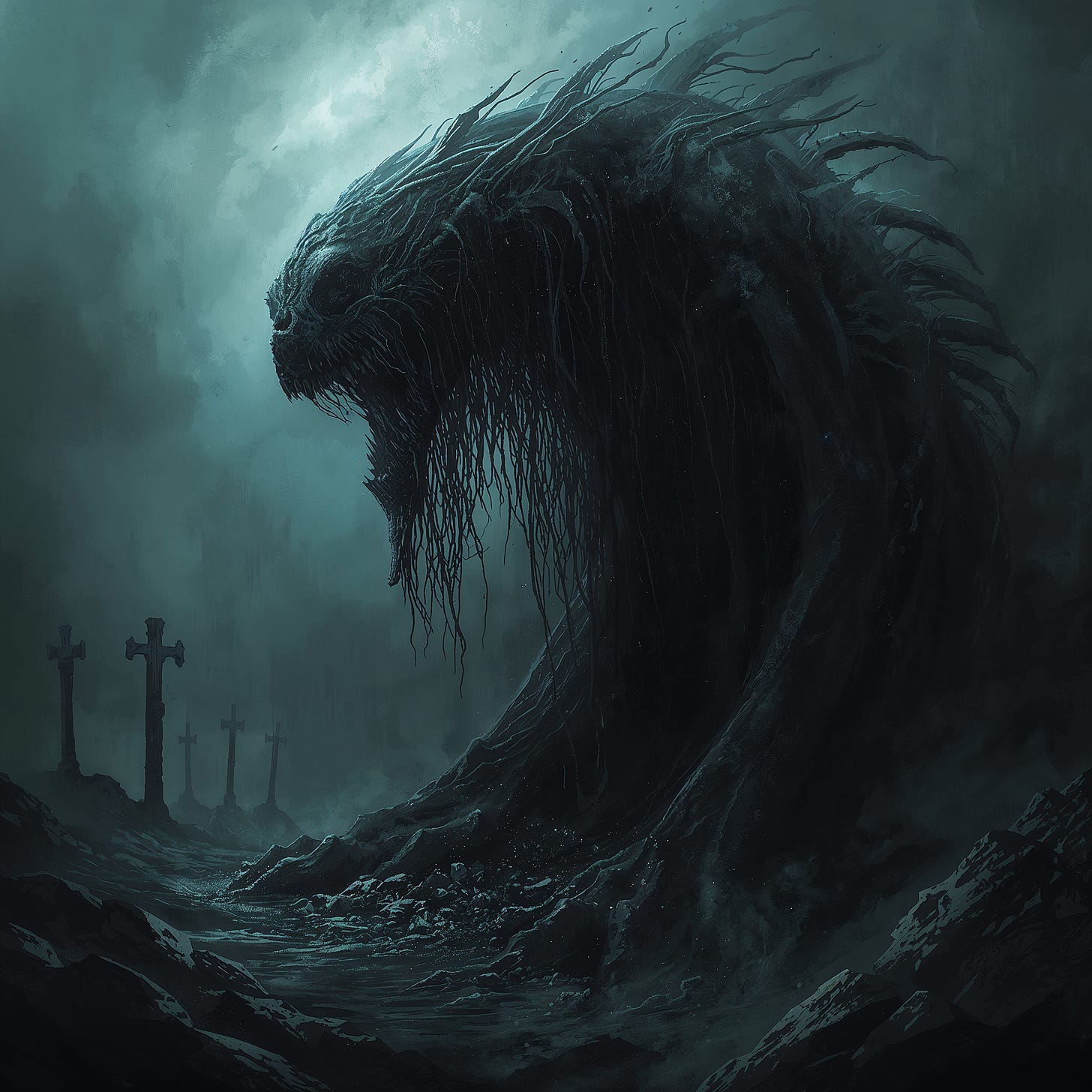 The Gravemaw — The Final ConfessorThey say its mouth is not an opening, but a horizon—a perfect circle of darkness that hums softly, like a prayer heard in reverse.When it feeds, you feel it before you see it:a pressure behind the sternum,a pulling at the spine,the taste of iron on the tongue.Then—your sins begin to unspool.Not metaphorically. Literally.Each act of harm, each selfish impulse,each unspoken envy — has weight.The Gravemaw pulls them from you like black silk,and as they come free, your body begins to unravel with them.Because sin was never an infection.It was the scaffolding of the self.Remove enough of it, and you collapse into a heap of radiant ash — pure, weightless, erased.The devout call this “absolution.”The rest call it annihilation through grace.A towering, shadow-formed colossus rises from the earth in a fog-shrouded graveyard. Its body resembles a massive wave of soil and tangled roots shaped into a monstrous, open-mouthed visage. Long, matted tendrils hang from its face like decayed hair. Four crude wooden grave markers stand in the foreground, dwarfed by the creature’s immense, looming presence. The atmosphere is dark, cold, and heavy with mist, creating an impression of an ancient, earth-born horror awakening among forgotten graves.