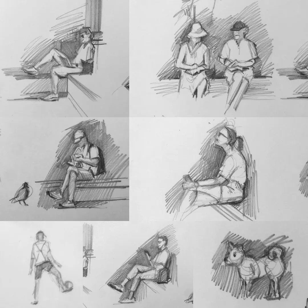 collection of figures sketched in pencil