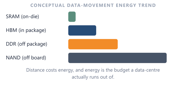 Energy Directionally, moving data farther through more interfaces costs more energy; bars are illustrative, not to scale.