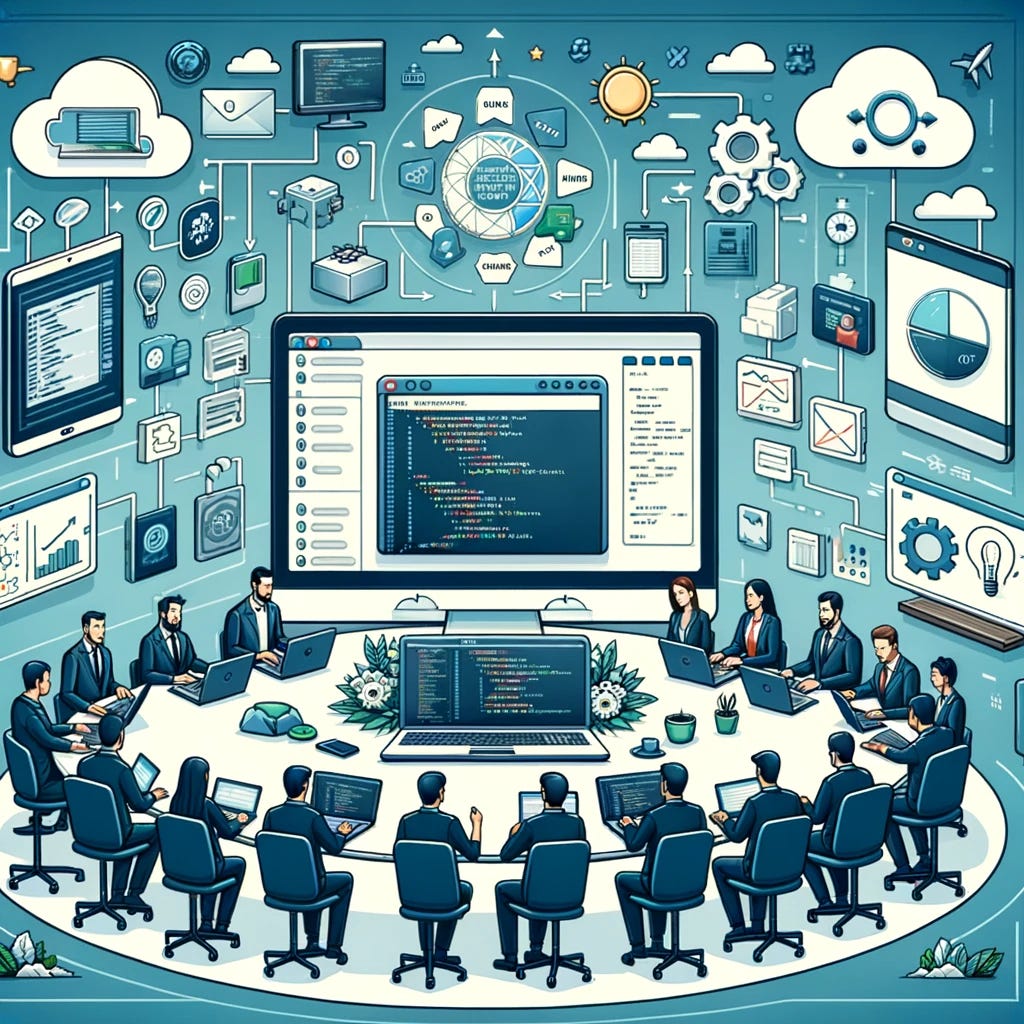 An illustration showcasing the concept of DevOps, integrating software development (Dev) and IT operations (Ops) in a harmonious workflow. The scene includes symbolic representations of coding and deployment, like a laptop with code on the screen, a continuous integration and delivery pipeline, and a cloud infrastructure. Various professionals are collaborating around a large, circular table, each with their own device, symbolizing the collaborative nature of DevOps. In the background, flowcharts and diagrams on a whiteboard illustrate the planning and continuous improvement aspect of DevOps practices. The color scheme should reflect technology and innovation, with shades of blue, green, and gray.