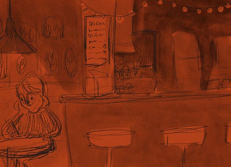 Sketches of the inside of the diner from a few angles, and the front of June and Imogen's house