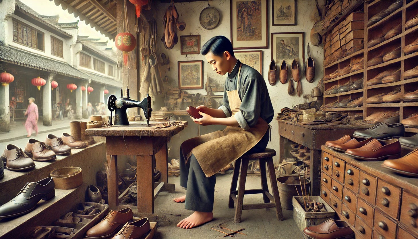 A wide aspect ratio, real-life-like image showing a Chinese cobbler at a small shoe shop in 1960, stitching together a shoe afresh. The cobbler is focused on his work, sitting at a wooden workbench with various tools and materials around him. The shop is modest and traditional, with shelves of shoes and leather pieces. The cobbler is wearing typical 1960s attire. The background includes elements of a bustling street scene outside the shop, giving a glimpse into the life and culture of the era. The overall atmosphere is nostalgic and industrious, capturing the craftsmanship and dedication of the cobbler.