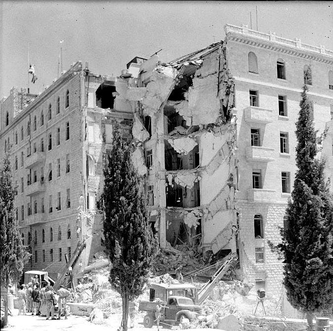 Attack on King David Hotel, Jerusalem (1946) "Irgun operatives prepare explosives for the bombing of the King David Hotel, targeting the British administrative headquarters in Jerusalem. The attack killed 91 people, including British officers, Arab and Jewish civilians, leaving a lasting moral and political stain."