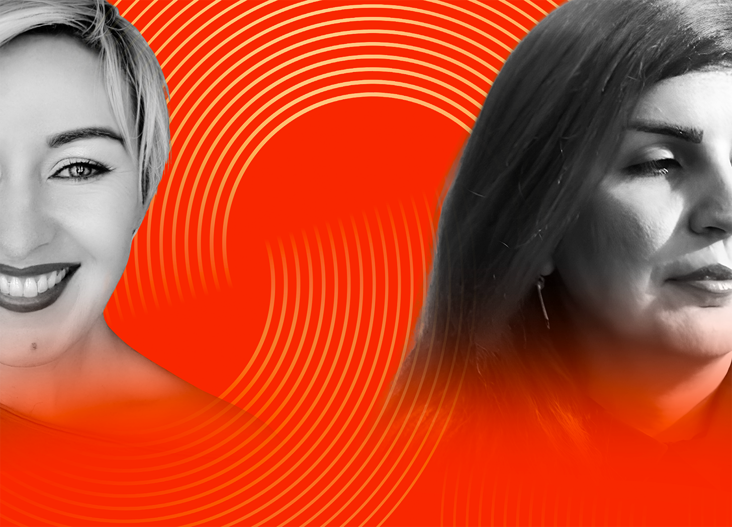 Black-and-white headshots of The Parallel Effect Podcast host Daz Chandler and guest Elham Youssefian are positioned opposite each other along the edge of a rectangle, set against a vivid orange background of interlocking circles suggesting infinity and possibility. Black-and-white headshots of The Parallel Effect Podcast host Daz Chandler and guest Elham Youssefian are positioned opposite each other along the edge of a rectangle, set against a vivid orange background of interlocking circles suggesting infinity and possibility.