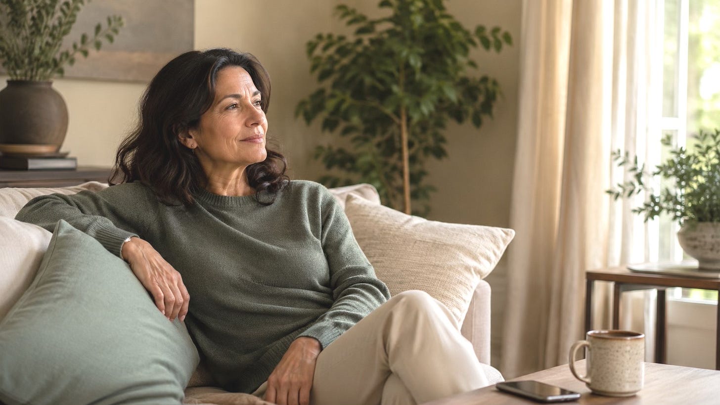 Woman seated on a sofa reflecting calmly in a softly lit room.