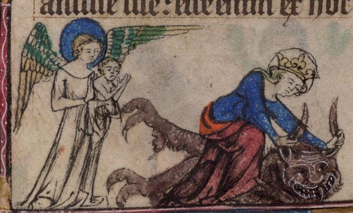 Mary sorting out the devil while an angel holds the Christ child in 'Taymouth Hours' (1325–40)