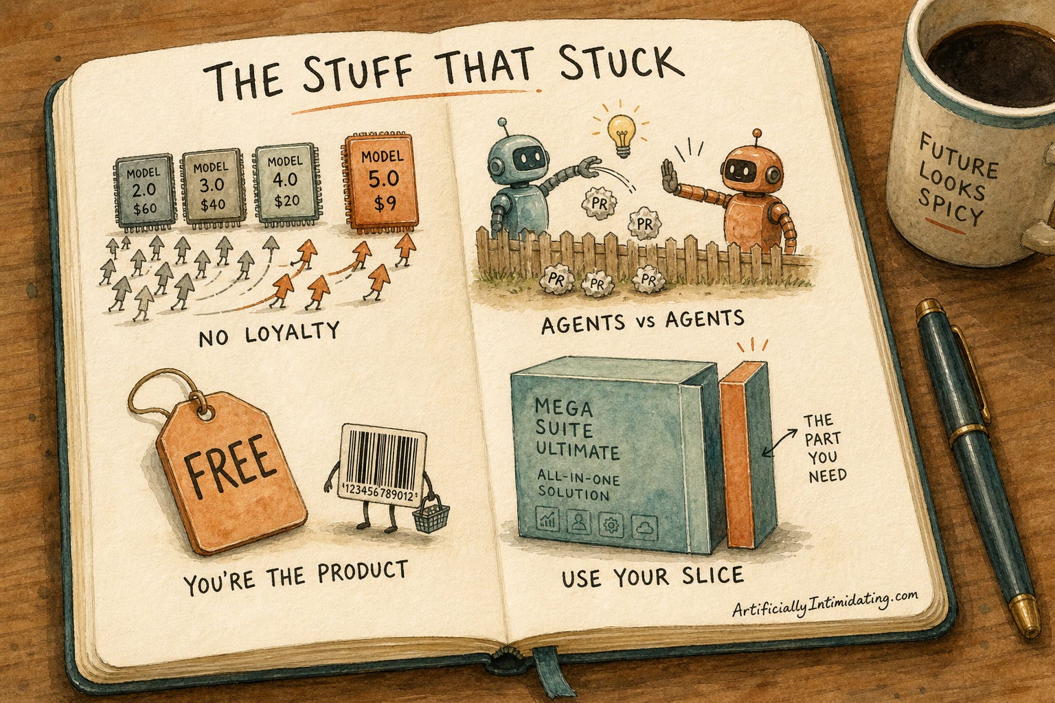 Watercolor illustration of an open notebook titled 'The stuff that stuck,' with four doodled takeaways: model chips priced from $60 down to $9 with a crowd migrating to the cheapest one, labeled 'No loyalty'; two robots lobbing and swatting crumpled junk pull requests, labeled 'Agents vs agents'; a 'Free' price tag beside a walking barcode carrying a shopping basket, labeled 'You're the product'; and a bloated 'all-in-one' software box with one thin slice pulled out, labeled 'Use your slice.