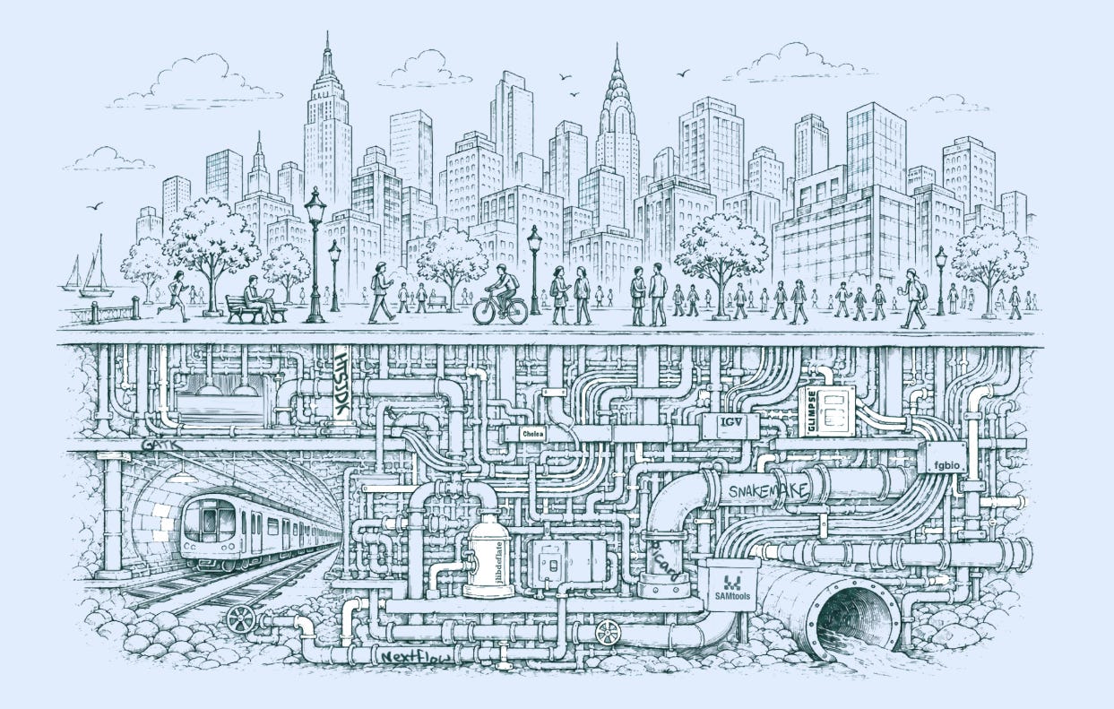Pen-and-ink illustration in blue ink. Above ground, a busy city with a skyline, trees, and people walking and biking. Below ground, a dense network of water pipes, valves, and a subway tunnel. The pipes and fittings are labeled with widely used bioinformatics tools: samtools, GATK, Picard, htsjdk, Snakemake, Nextflow, IGV, GLIMPSE, libdeflate, and fgbio. The everyday work of the field runs on an unseen layer of shared infrastructure.