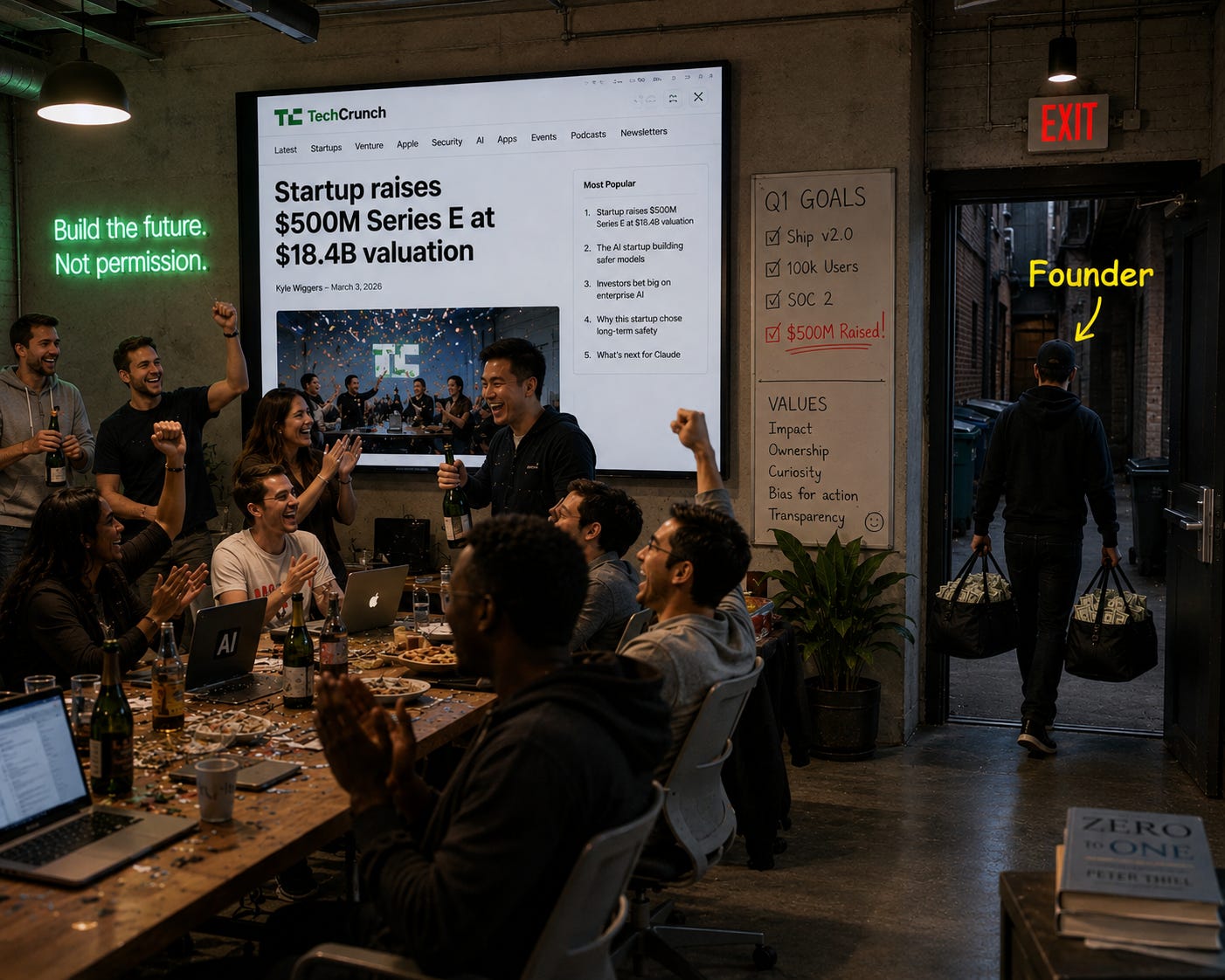 A startup team celebrates a $500 million funding round while, in the background, the founder quietly exits through the back door carrying bags of cash, labeled "Founder."
