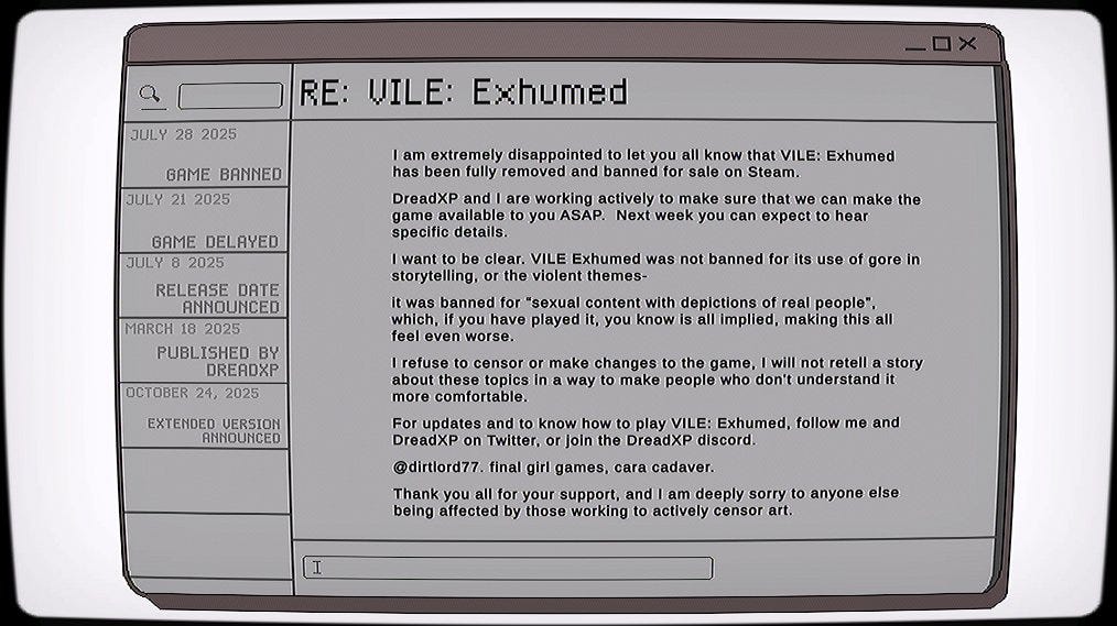 Tweet from the creator of Vile saying why it Vile got removed and banned from Steam