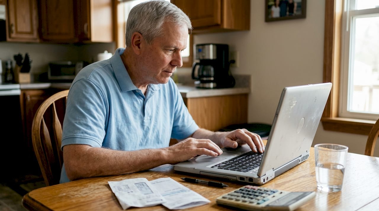 Senior managing finances at kitchen table Senior managing finances at kitchen table