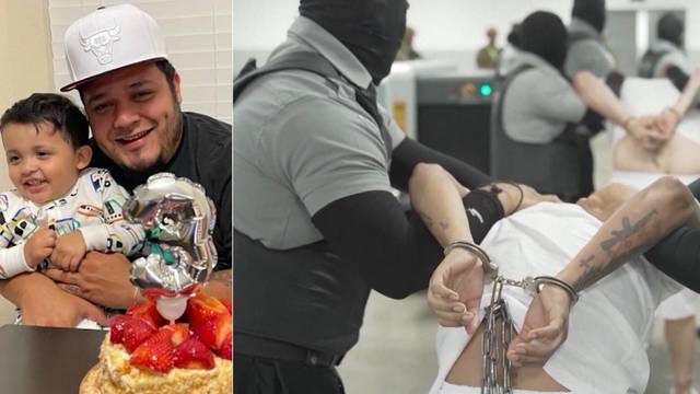 split screen with photo of Garcia holding his infant son and prisoner in concentration camp in handcuffs being frog walked